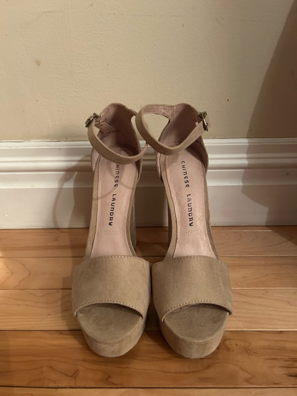 Chinese Laundry Taupe Suede Platform Heel with Ankle Strap